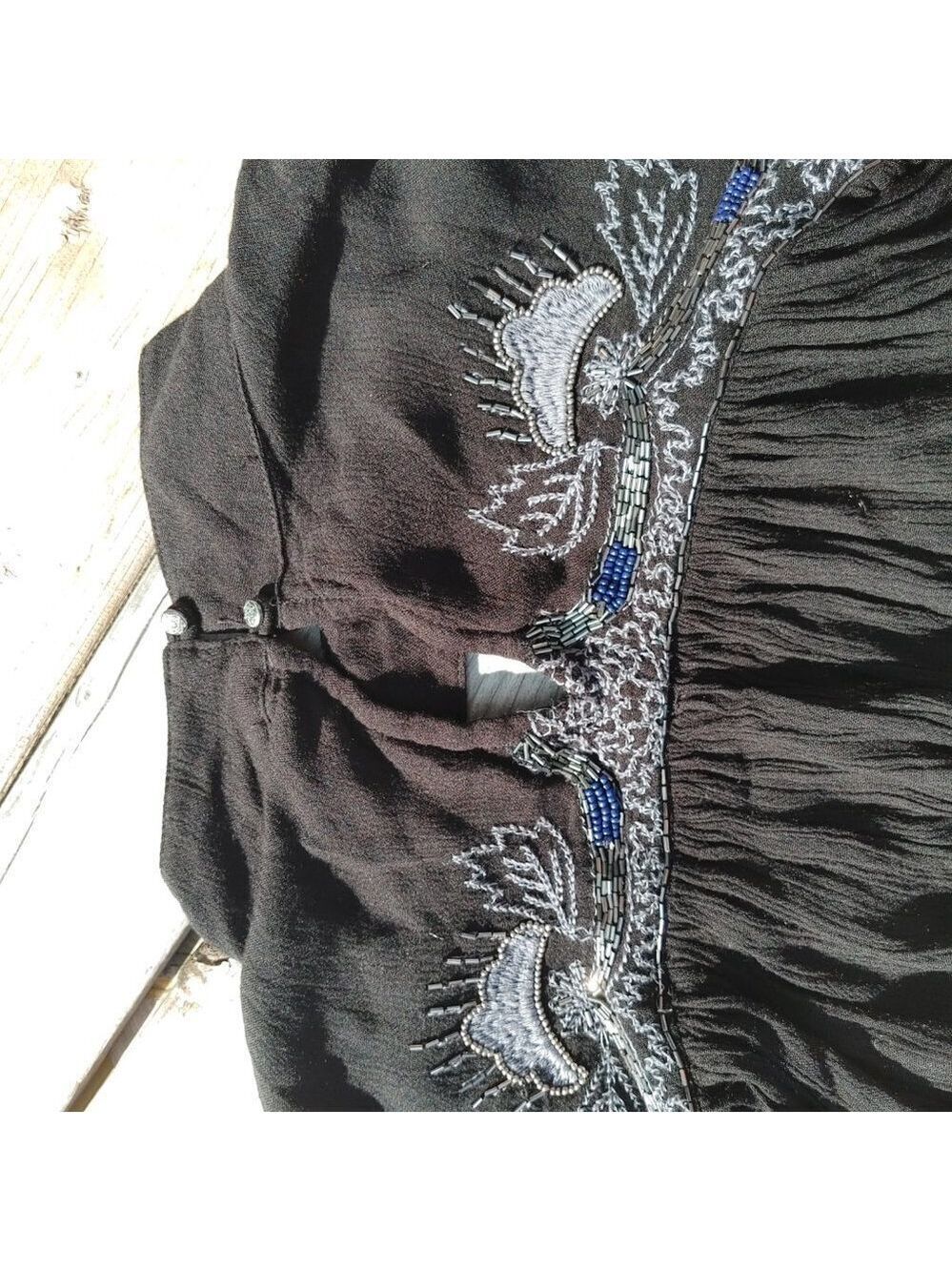 FREE PEOPLE Sweet Fantasy Beaded And Embroidered Boho Blouse Black Women's Large - Picture 15 of 15